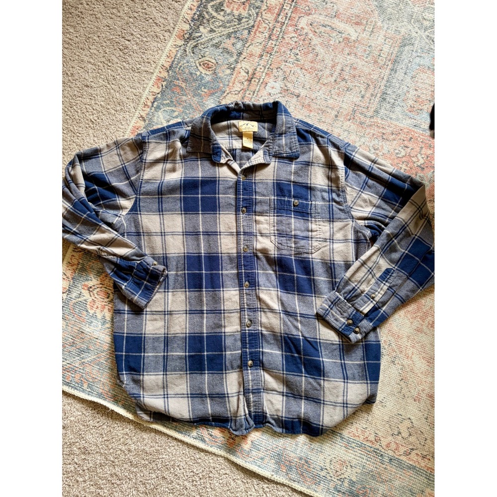 Blue Mountain Men's XL Flannel Shirt Blue Beige Plaid 100% Cotton Button Down